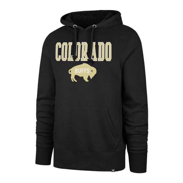 A black hoodie featuring Colorado lettering and a CU Buffalo logo with a drawstring hood and a large kanga pocket.