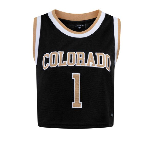 A black cropped Colorado number 1 jersey with white and Vegas Gold accents.