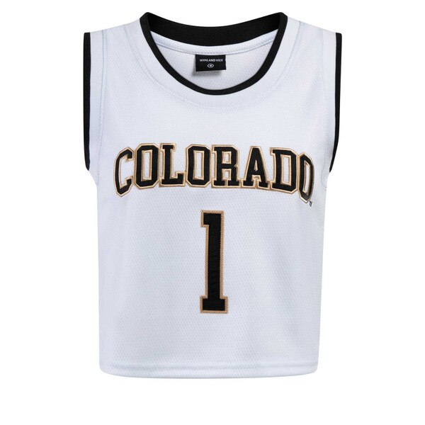 A white cropped Colorado number 1 jersey with black and Vegas Gold accents.