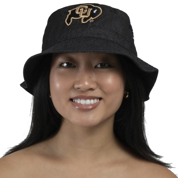 A black denim bucket hat with an embroidered C-U Buffalo logo on the front.