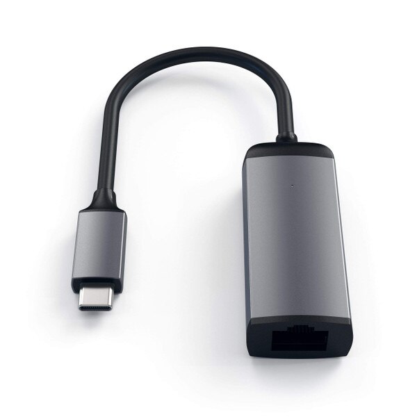 Gray USB-c to Ethernet cable adapter with black details and wires.