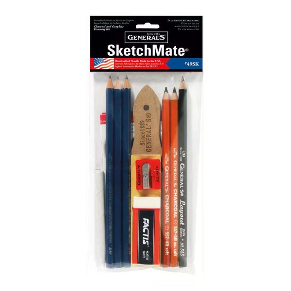 This is a charcoal and graphite drawing pencil pack that includes many fun accessories such as a sandpaper paddle, pencil sharpener, tortillon, and soft eraser.