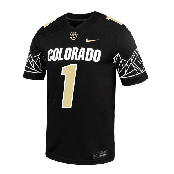 Replica Colorado Buffaloes football jersey in black, featuring the number 1, Colorado text across the chest, and geometric Flatirons design on the sleeves.