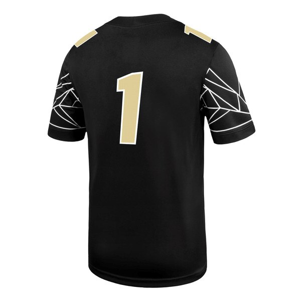 Back view of black Colorado Buffaloes football jersey with gold number 1 and white geometric Flatirons design on sleeves