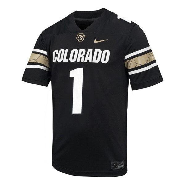 Replica Colorado Buffaloes football jersey in black, featuring the number 1, Colorado text across the chest, and geometric Flatirons design on the sleeves.