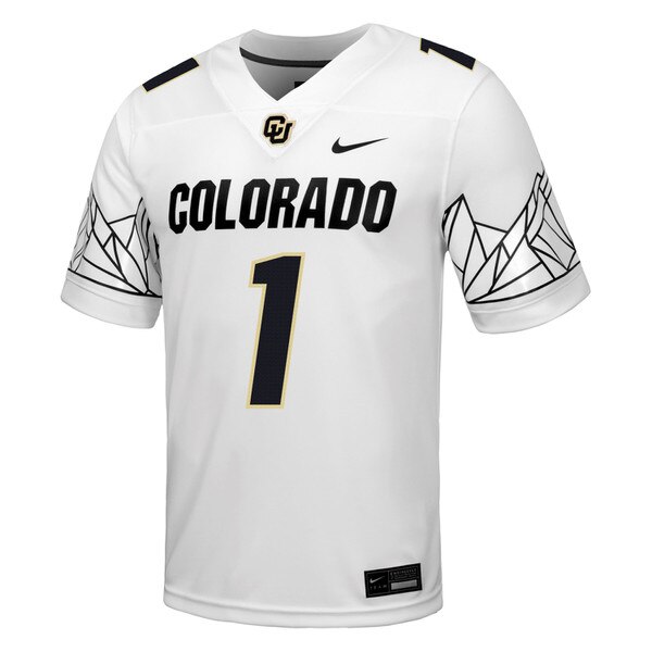 Replica Colorado Buffaloes football jersey in white, featuring the number 1, Colorado text across the chest, and geometric Flatirons design on the sleeves.