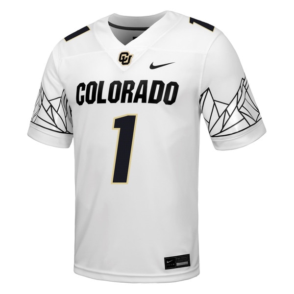 Front view of white Colorado Buffaloes football jersey with black Colorado text, number 1, and Flatirons design on sleeves