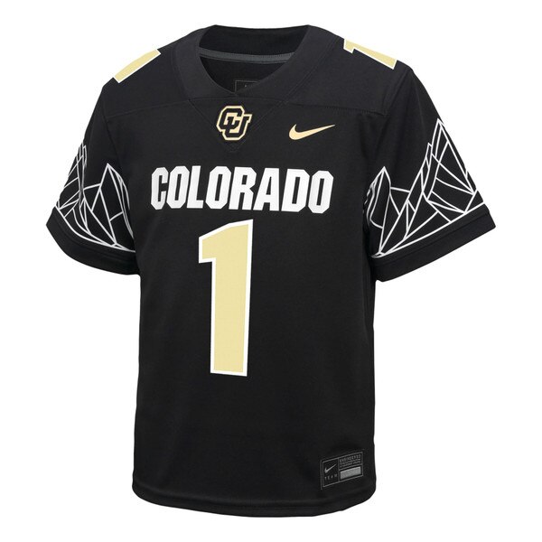 Replica Colorado Buffaloes football jersey in black, featuring the number 1, Colorado text across the chest, and geometric Flatirons design on the sleeves.