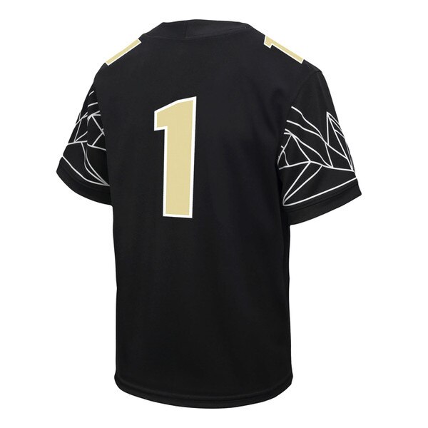 Back view of a black youth jersey featuring gold number 1 graphics on the back and shoulders, with white angular mountain designs on both sleeves.
