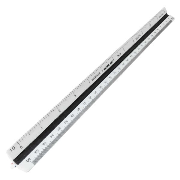 A twelve inch triangular scale with different scales of measurement on each side.