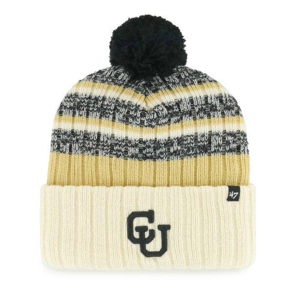 CU Buffs knit beanie with black pom, cream cuff, and embroidered CU logo, striped in black, gold, and white