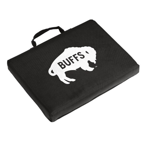 This is a black bleacher cushion with a black handle. The front has a white buffalo with "Buffs" across its side in bold black text.