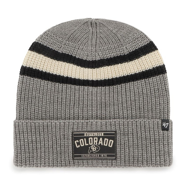 A gray knit beanie with a cream and black stripe, adorned with a Colorado Buffaloes patch on the front.