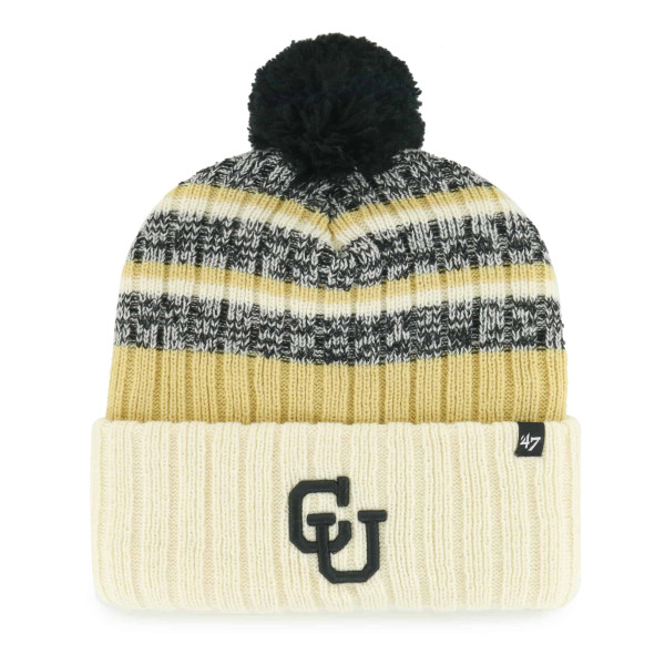 A white, black, and Vegas Gold striped beanie with a black fuzzy pom-pom on top, featuring a black interlocking C-U logo on the front.