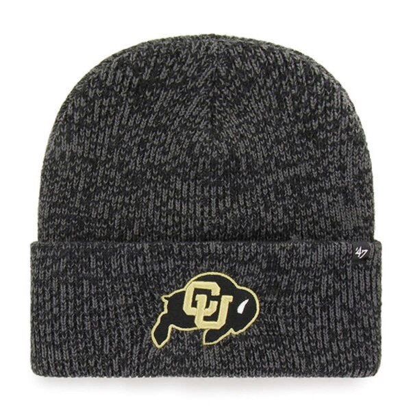 Dark marled knit beanie with a cuffed design featuring a black and gold CU Buffalo logo embroidered on the front.