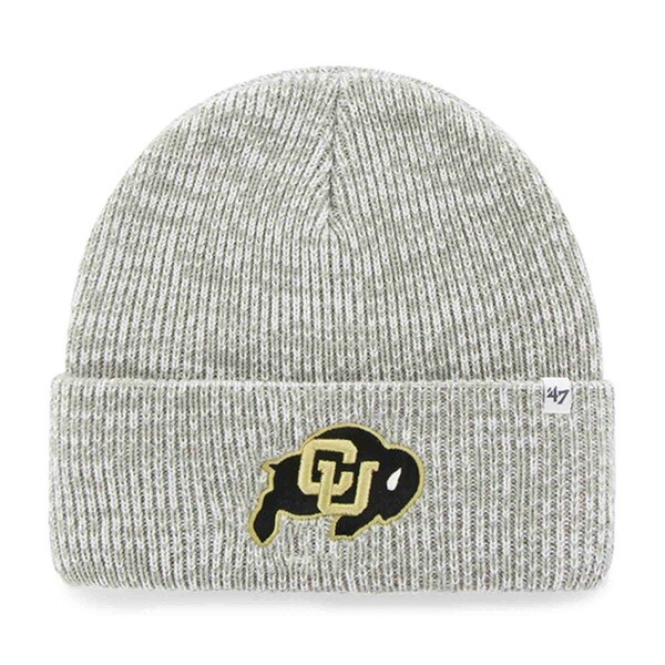 Light gray ribbed knit beanie with a cuffed design, featuring a black and gold CU Buffalo logo embroidered on the front.
