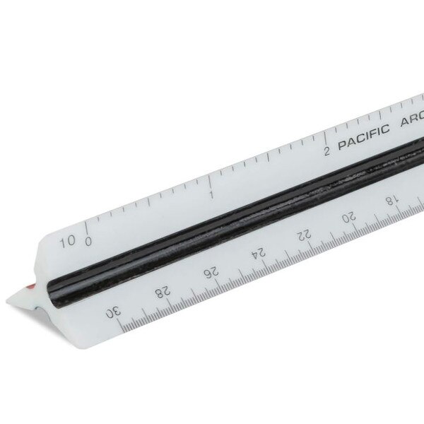 This is a white color coded engineering scale. It's 6 inches long and the color coding shown is a groove in the center of each side. One is red, one is blue, and one is black.