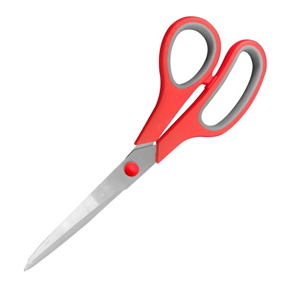 A red pair of scissors with comfortable, soft-grip handles and stainless steel blades.