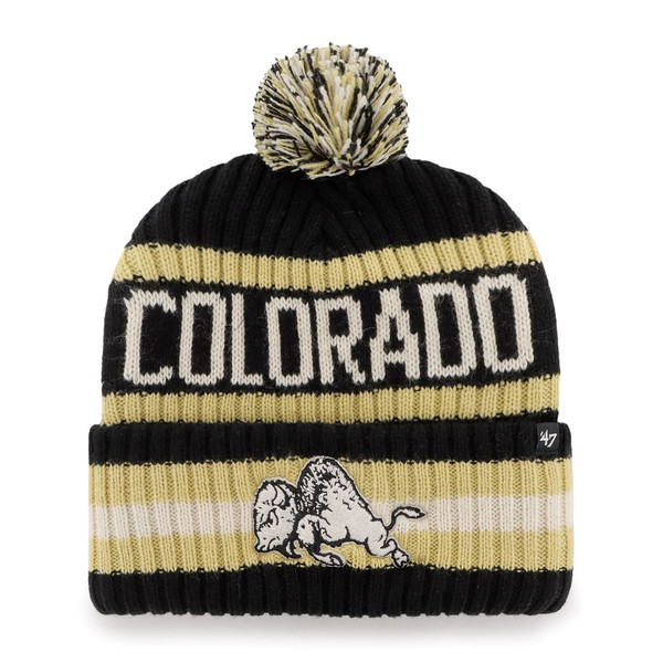A black beanie with Vegas Gold stripes and a multi-colored pom-pom on top, featuring Colorado in white writing and a C-U Buffalo logo.