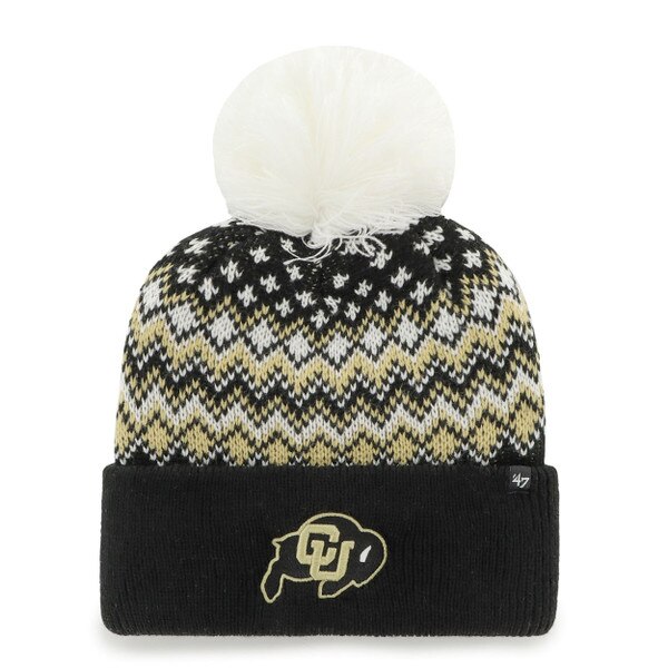 Black, gold, and white knit CU Buffaloes beanie with pom-pom and cuffed brim