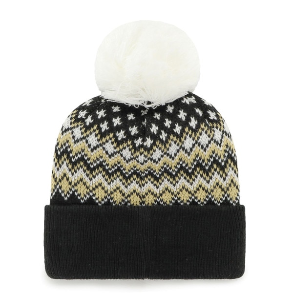 Back view of black, gold, and white knit CU Buffaloes beanie with pom-pom and cuffed brim