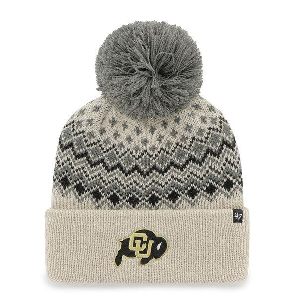 A cream-gray fair-isle print knit beanie with dark gray and black accents, with a gray pom on top, adorned with an C-U Buffalo logo on the front.