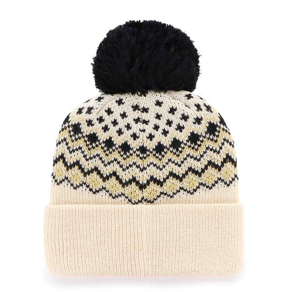 Back view of cream CU Buffaloes knit beanie with black and gold pattern and black pom-pom