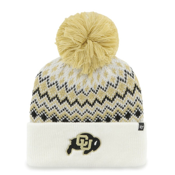 Front view of white CU Buffaloes knit beanie with gold and black pattern and gold pom-pom
