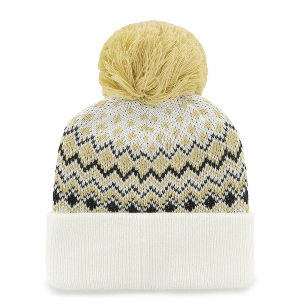 Back view of CU Buffaloes knit beanie with gold pom-pom and cream cuff featuring gold and black pattern