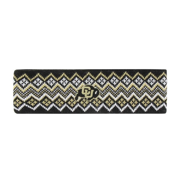 A fair isle-patterned knit headband with a C-U Buffalo logo on the front.