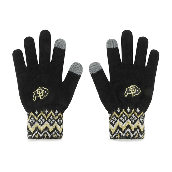 47-brand-women's-black-knit-gloves-with-fair-isle-patterned-cuffs-and-a-CU-Buffalo-logo-on-each-hand