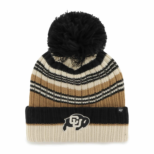 A cream, Vegas Gold, and black striped knit beanie, with a black pom on top, adorned with an C-U Buffalo logo on the front.