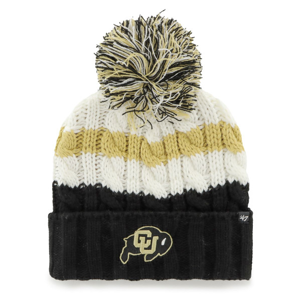 A black, white, and Vegas Gold-striped beanie with a pom on top, adorned with a C-U Buffalo logo on the front.