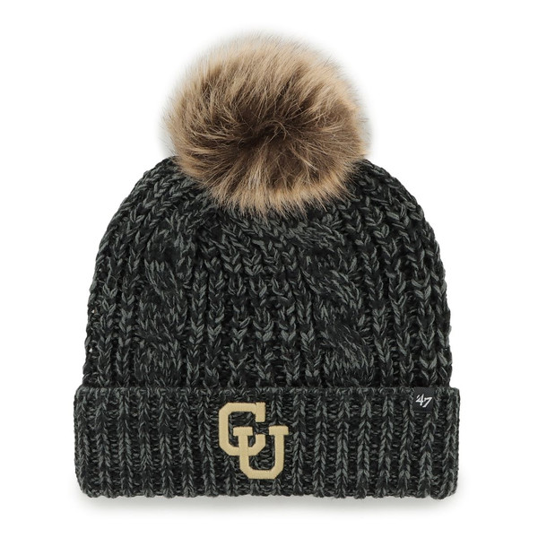 A gray cable knit beanie with a furry brown pom on top, adorned with an interlocking C-U logo on the front.