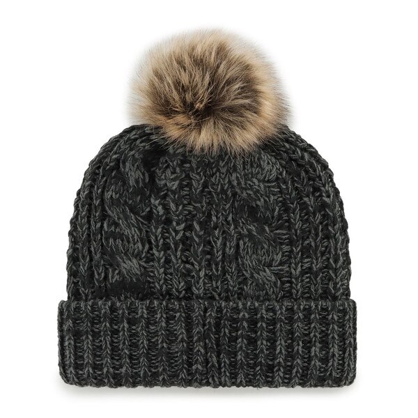 Back view of black cable-knit beanie with faux fur pom, no visible logo on cuff