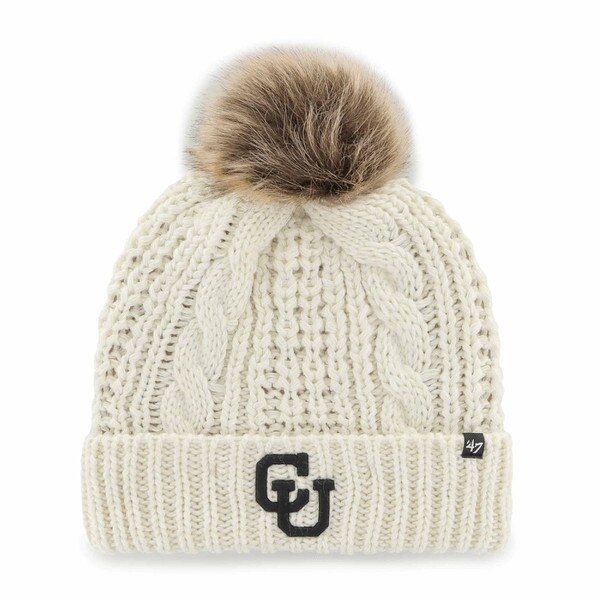 Front view of cream cable-knit beanie with faux fur pom and CU Buffaloes logo on cuff