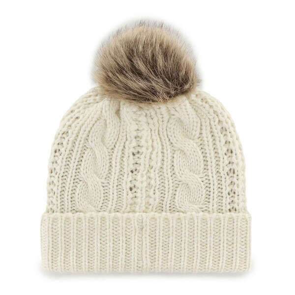 Back view of cream cable-knit beanie with faux fur pom and ribbed cuff