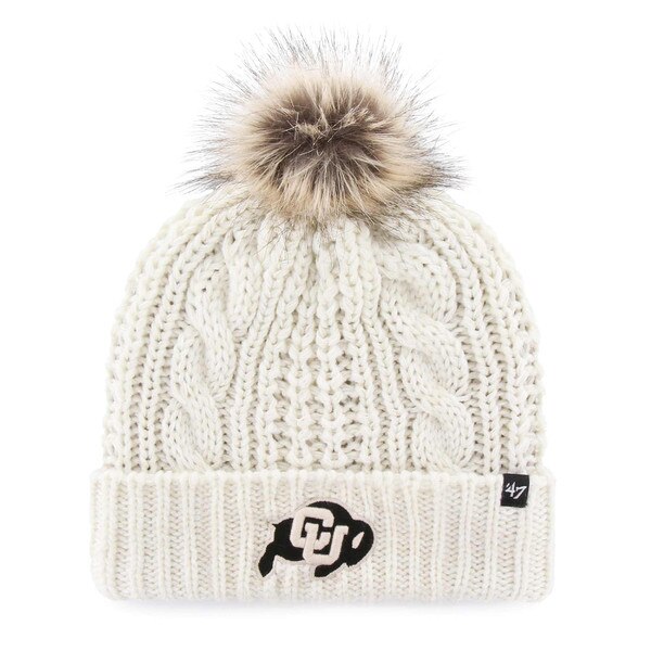 Cream cable-knit beanie with faux fur pom and CU Buffaloes logo on cuff