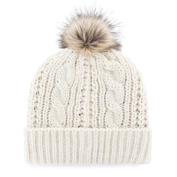 Back view of cream cable-knit beanie with faux fur pom on top