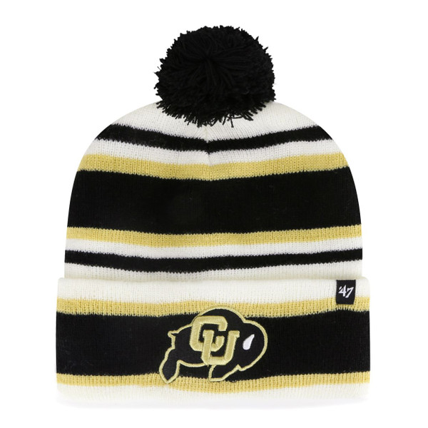 A beanie with alternating black, white, and vegas gold stripes. There's a CU Buffalo logo on the front and a big black pom-pom on top.