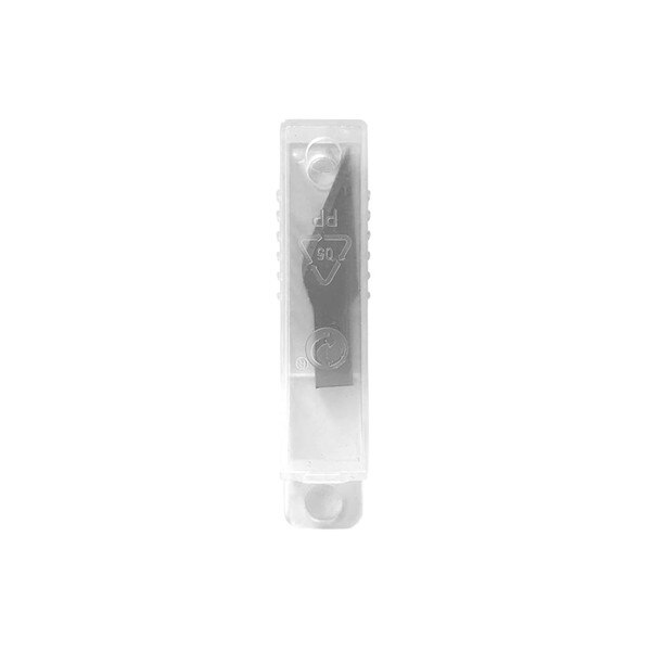 A clear container with ten number eleven blades inside.