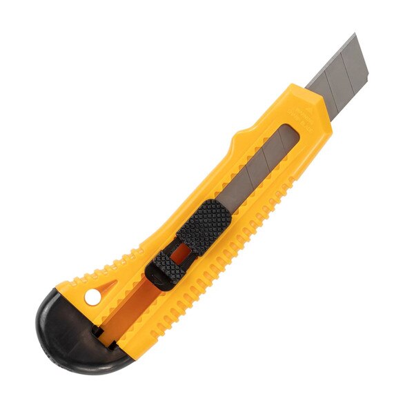 Retractable utility knife with yellow and black plastic handle and segmented snap-off blade, angled view.