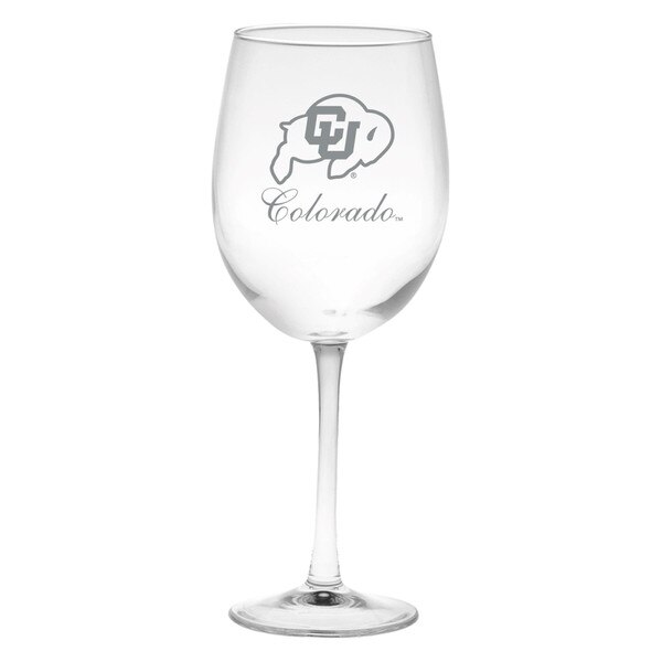 A wine glass with a stem and a c-u buffalo logo with Colorado in script below.