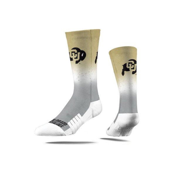 This is a pair of socks, they have a gradient that goes from gold to white with little gold speckles, then white to grey. On each side of the leg, there are black CU Buffalo logos on the cuff.