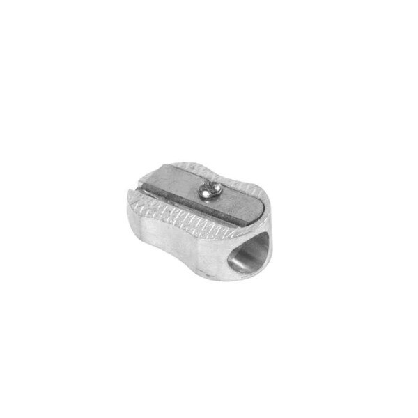 This is a single hole metal pencil sharpener. It has a curved design for better grip.