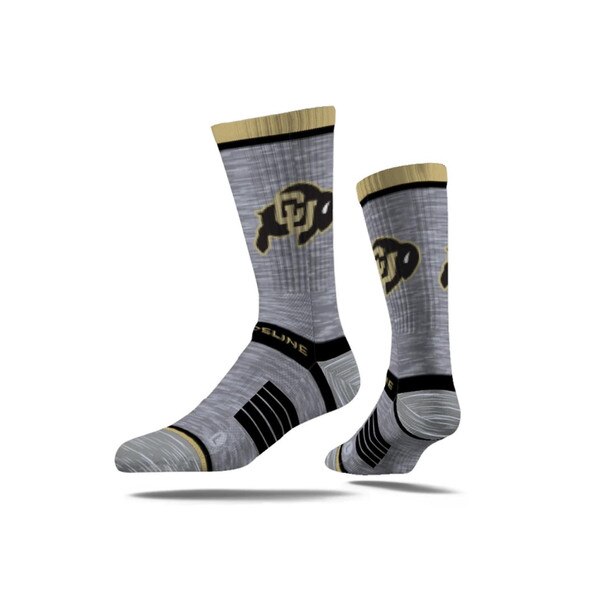 Gray crew socks with the University of Colorado Buffaloes logo in black and gold. Black stripes and gold accents highlight the foot and ankle areas, with SIDELINE printed on the arch.