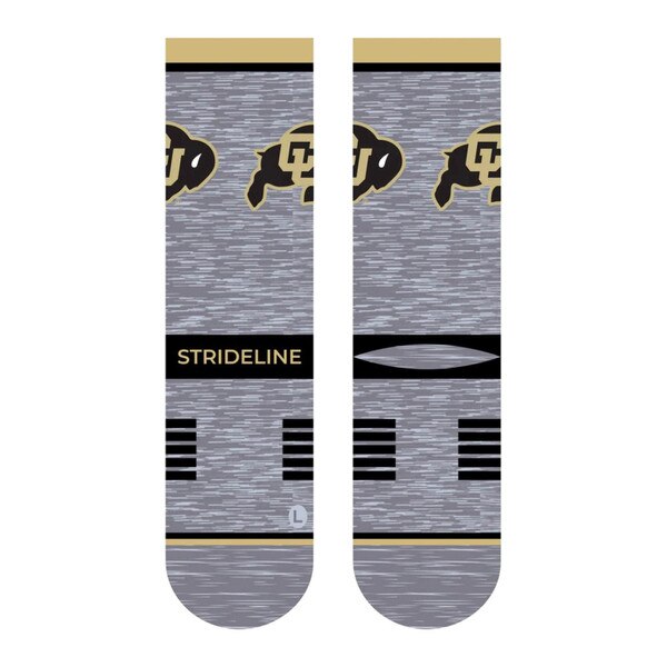 Gray crew socks with the University of Colorado Buffaloes logo in black and gold. Black stripes and gold accents highlight the foot and ankle areas, with SIDELINE printed on the arch.