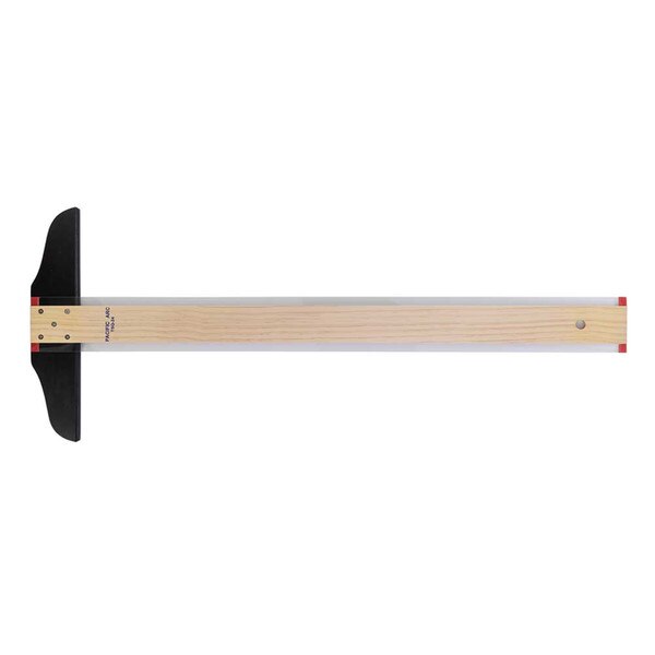Wood and plastic T-square with black plastic head and clear edge, top view.
