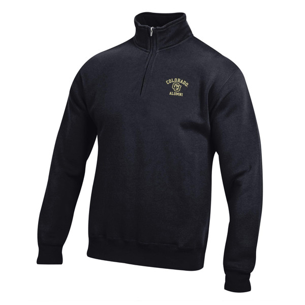 A black soft shell quarter-zip jacket with Colorado Alumni in writing and an interlocking CU logo.