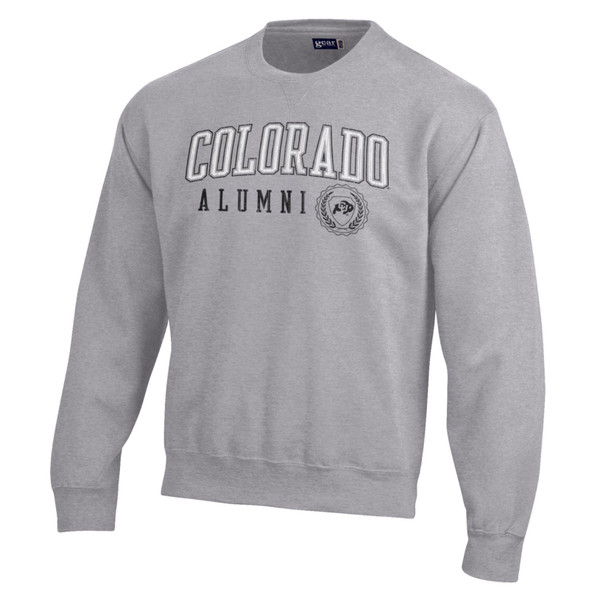 A gray long-sleeve crewneck, proudly displaying "Colorado Alumni" with a CU Buffalo Alumni seal logo on it.